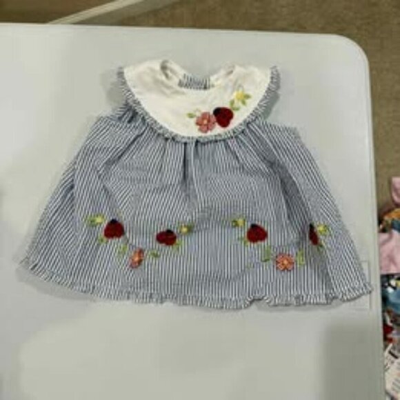 LITTLE BITTY TODDLER DRESS 6/9 LIGHT BLUE/WHITE WITH FLOWERS AND LADYBUGS - Picture 1 of 5